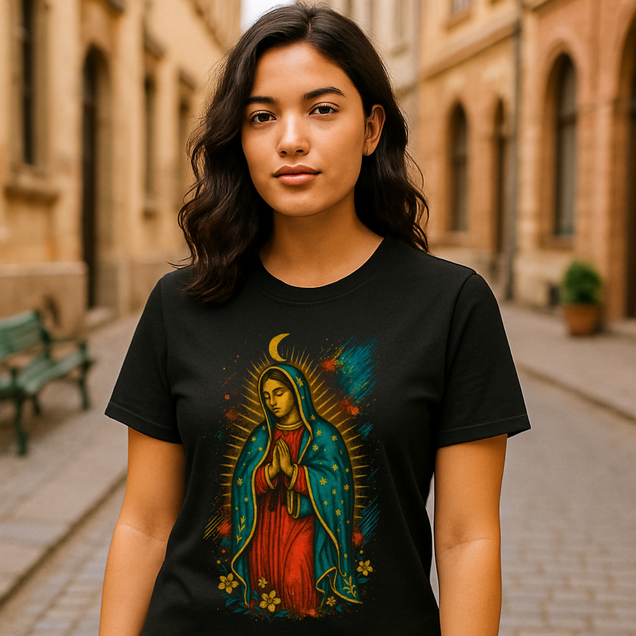 Camiseta Feminina Algodão Nossa Senhora de Guadalupe Proteção
