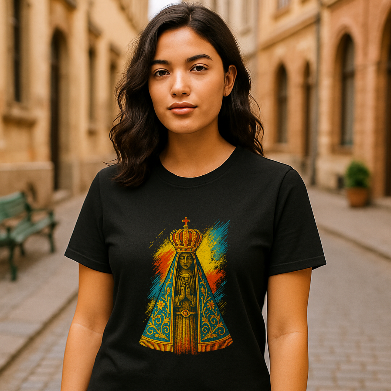Camiseta Feminina Algodão Nossa Senhora Aparecida Fé E Proteção