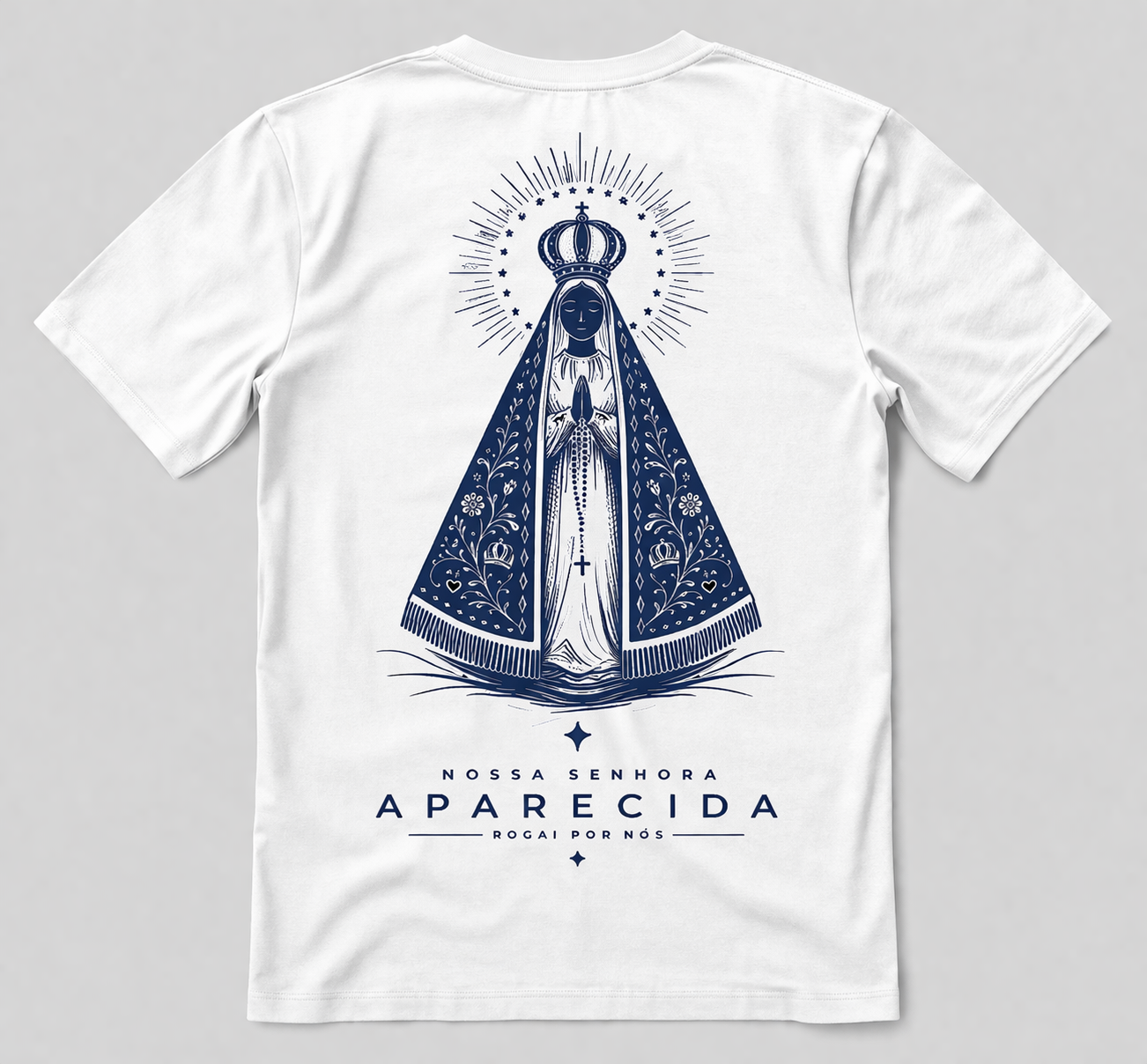 Camiseta Branca Algodão Estampa Frente e Verso Nossa Senhora Aparecida