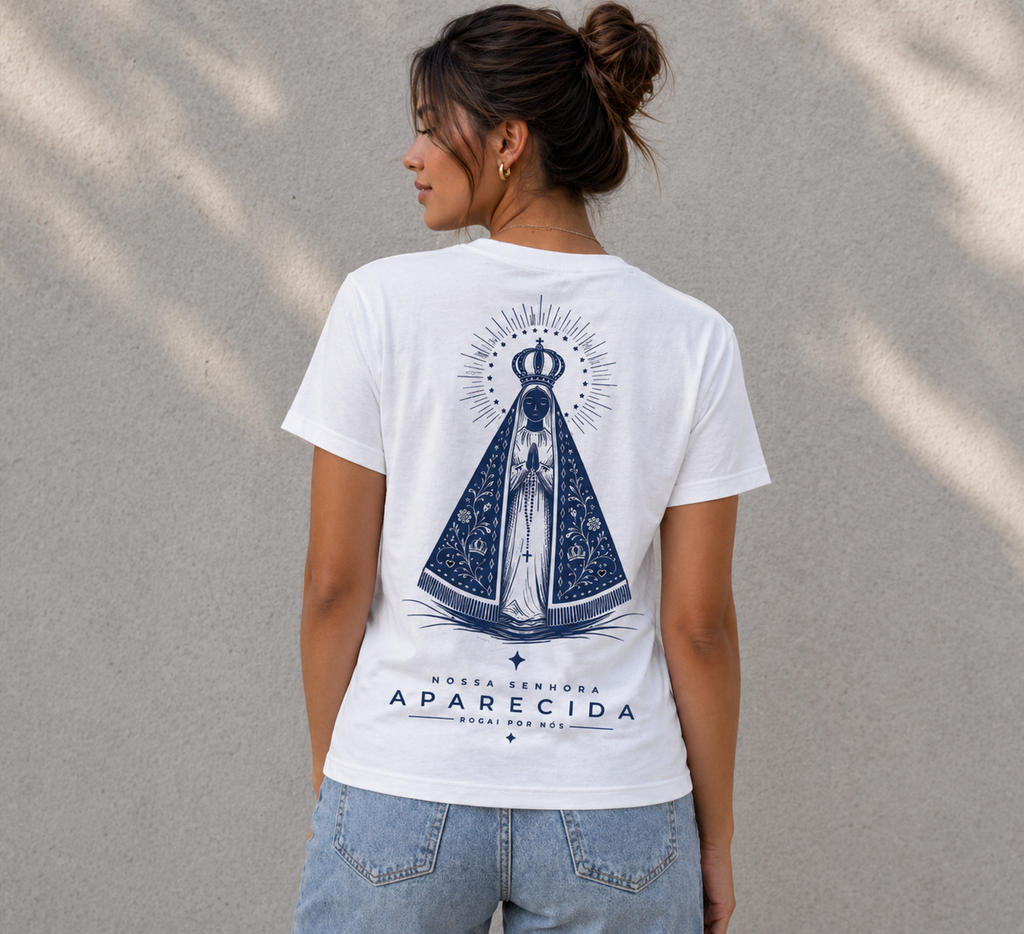 Camiseta Branca Algodão Estampa Frente e Verso Nossa Senhora Aparecida