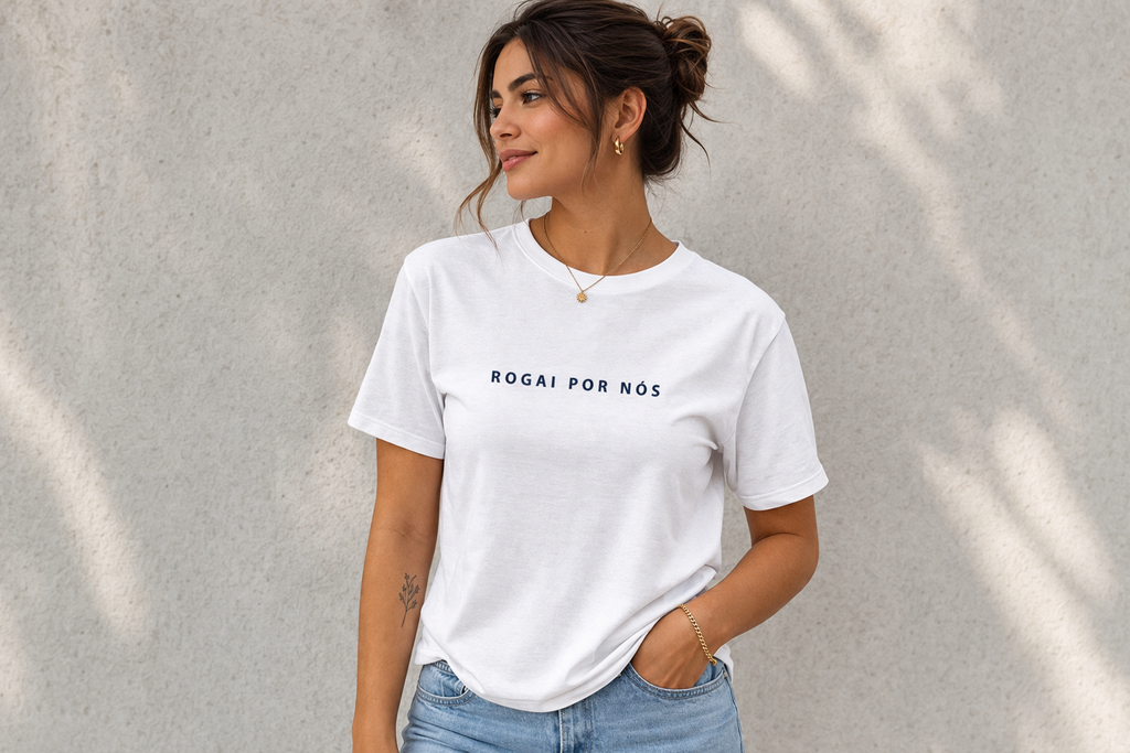 Camiseta Branca Algodão Estampa Frente e Verso Nossa Senhora Aparecida