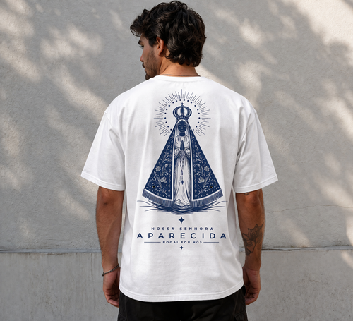 Camiseta Branca Algodão Estampa Frente e Verso Nossa Senhora Aparecida
