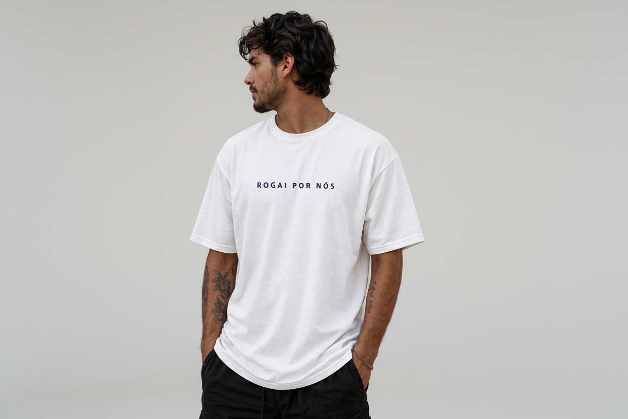 Camiseta Branca Algodão Estampa Frente e Verso Nossa Senhora Aparecida